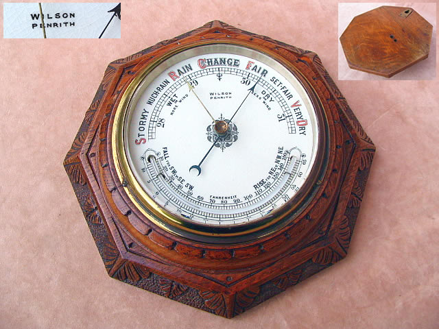 Early 20th century carved Oak aneroid barometer by Wilson Penrith, circa 1910.
